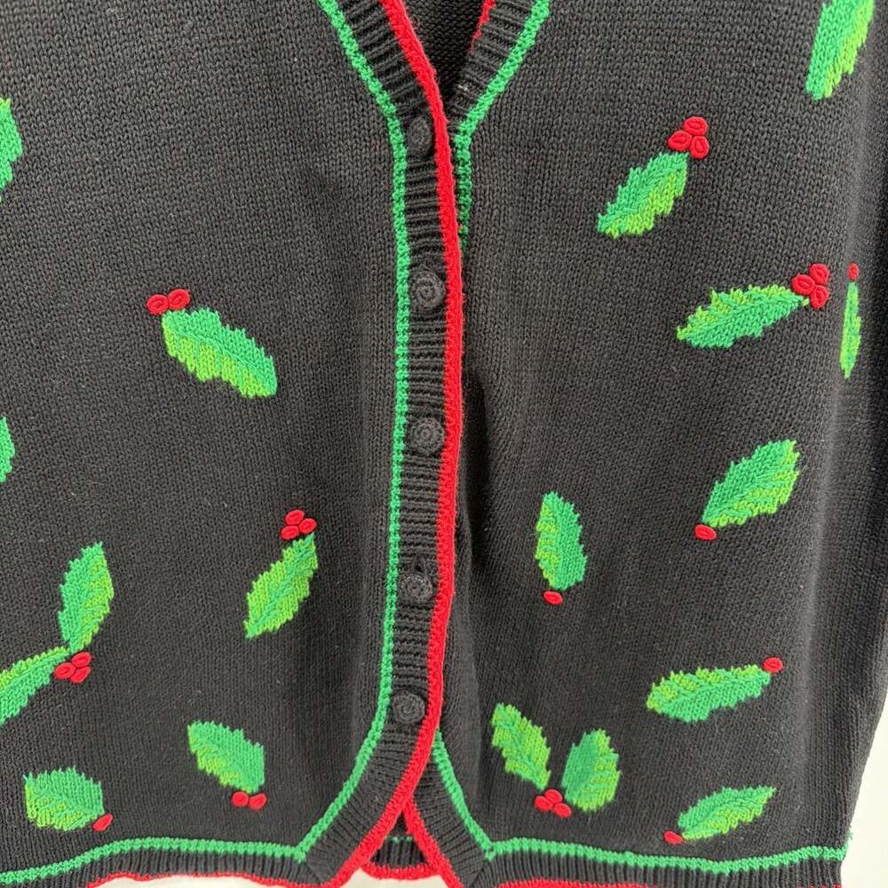 Bechamel Womens Sweater Vest Sz 2XL Christmas Holly Appliqué Black Button Up - Picture 2 of 9